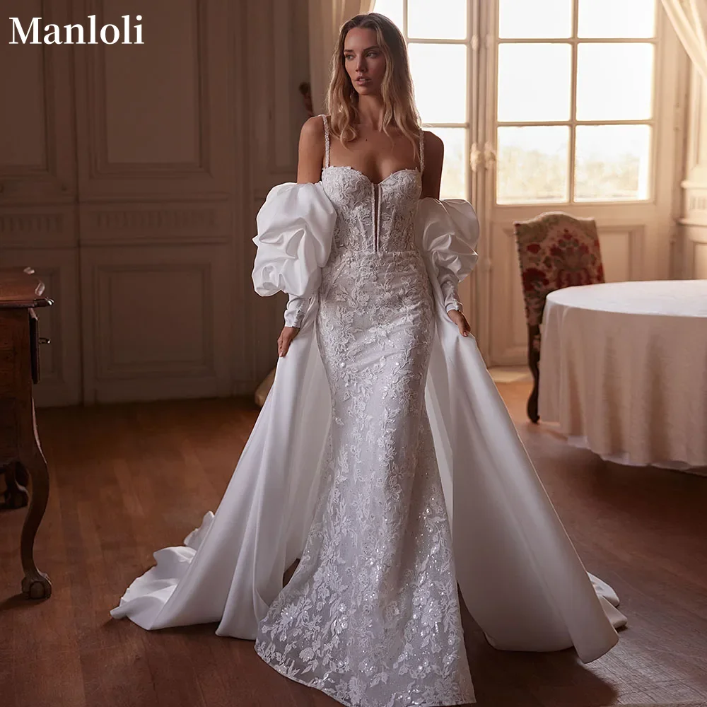 맞춤형 얇은 스트랩 머메이드 웨딩드레스 레이스 비즈 장식 반짝이는 신부 드레스 2피스 세트 새틴 웨딩드레스 탈부착 가능한 트레인