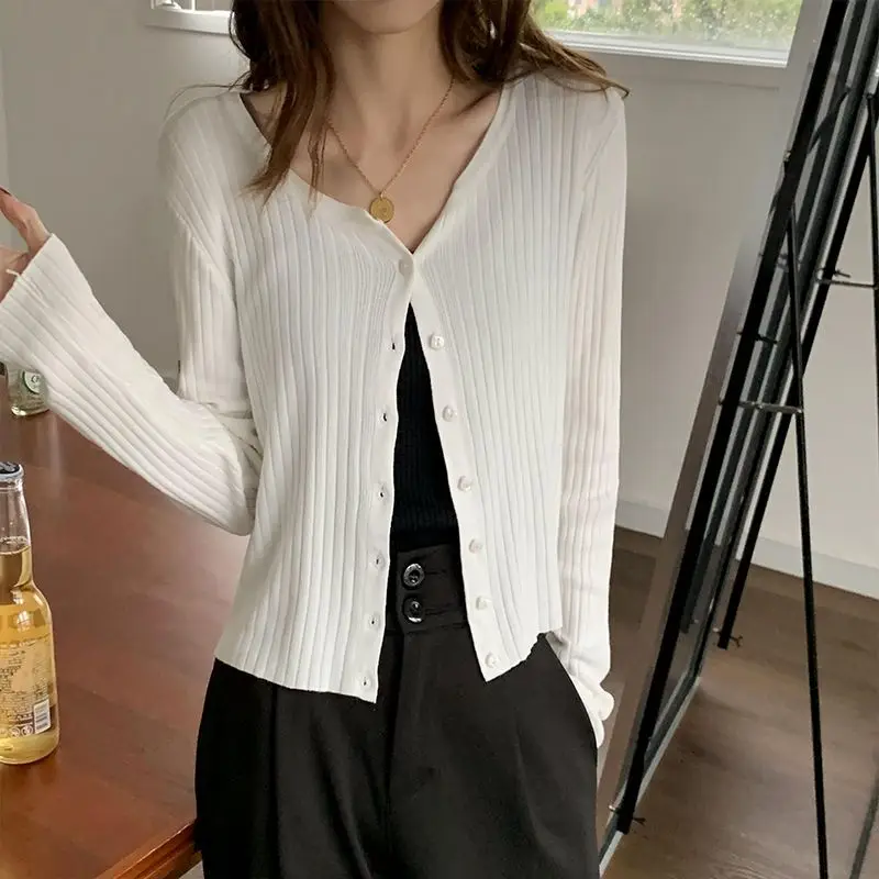 Women Clothing Chic Solid Vertical Grain Button Cardigan Summer Casual Loose O-neck Short Sleeve T-shirt Fashion All-match Tops