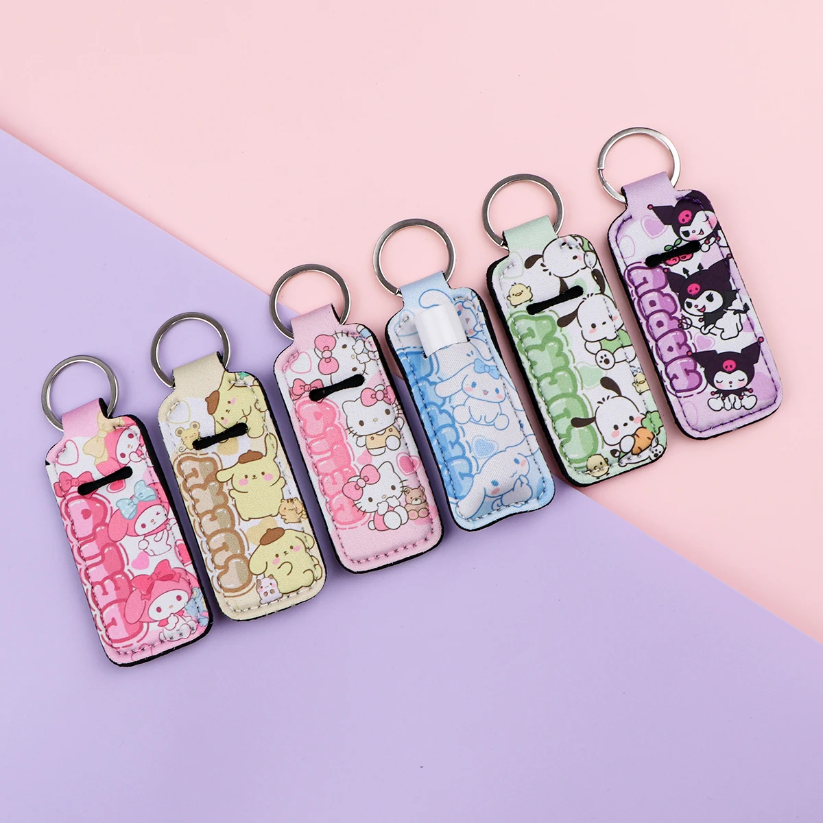 Lovely Anime Clip On Lipstick Holder Keychain Print Cartoon Keyring Trendy Lip Balm Key Chain Bag Charms Travel Accessories