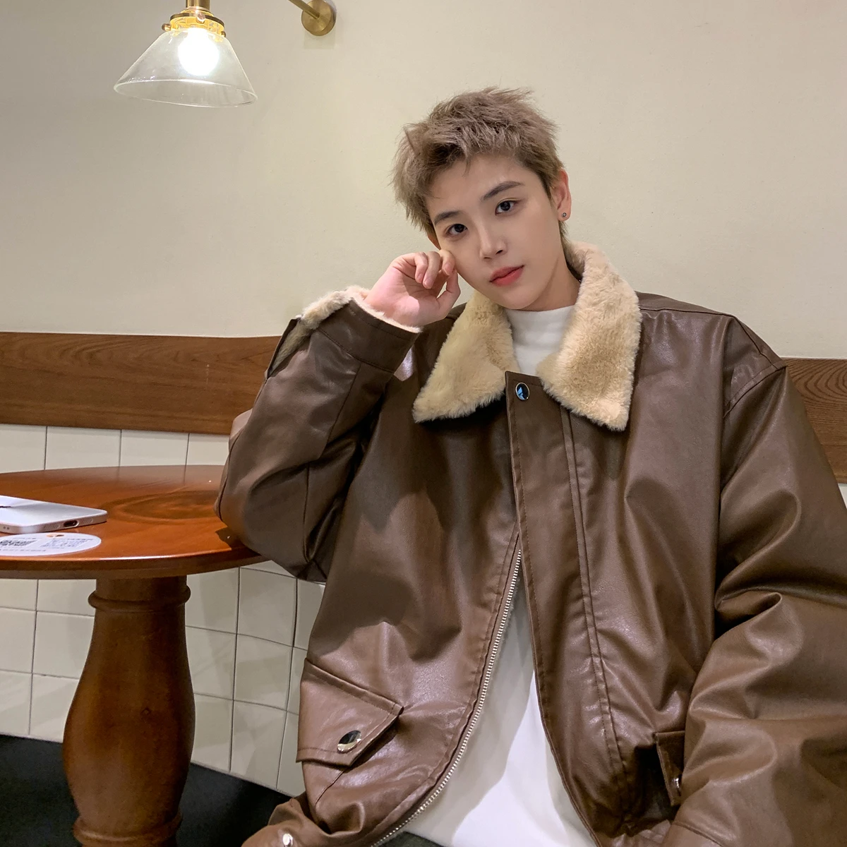 

Men's Winter Thiened Fce Lined Cotton Jaet Warm Street Sle Loose Couple Outfit Trendy Zipper Closure Casual Coat