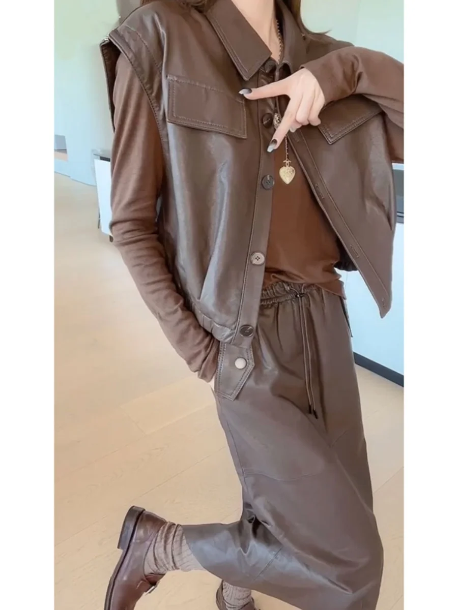 Chen Mrs. Genuine Leather Single Button eepskin Vest Women's Svel Jaet Versatile Outerwear Square Collar ort Sle