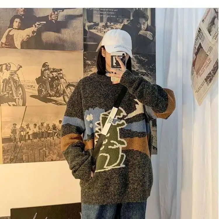 Cute Sweaters Harajuku Dinosaur Kawaii Sweater Women Cartoon Print Cute Japanese Warm Casual Knitted Tops Simple Womens Pullover