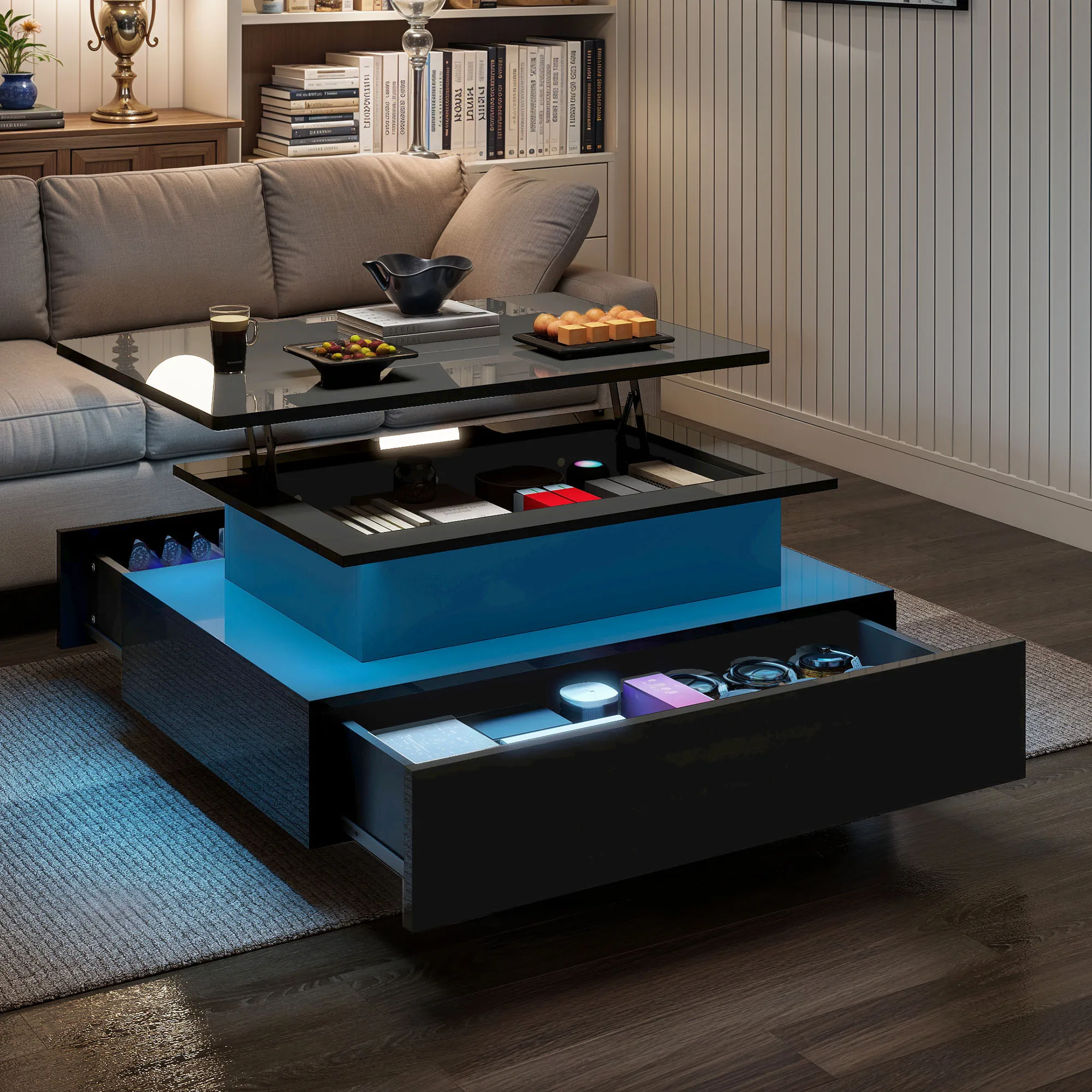 طاولة قهوة YITAHOME قابلة للرفع - تصميم عصري مستطيل مع إضاءة LED 16 لونًا ودرجين، سطح مضاء مرتفع