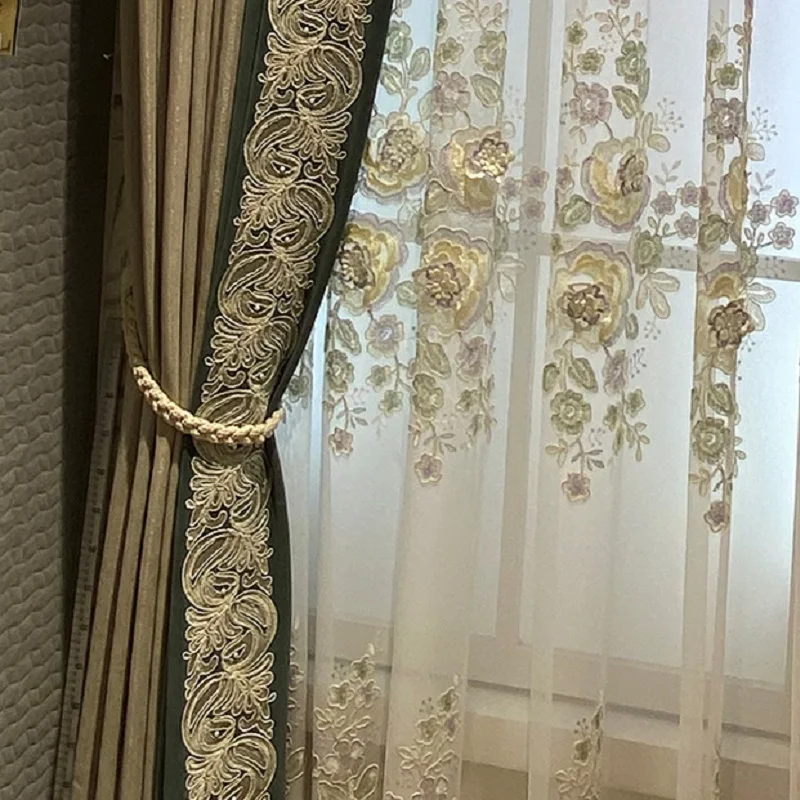 Curtain for Living Dining Room Bedroom Chenille Jacquard Romantic Contrast Embroidery Custom Retro Luxury High Shading Lace