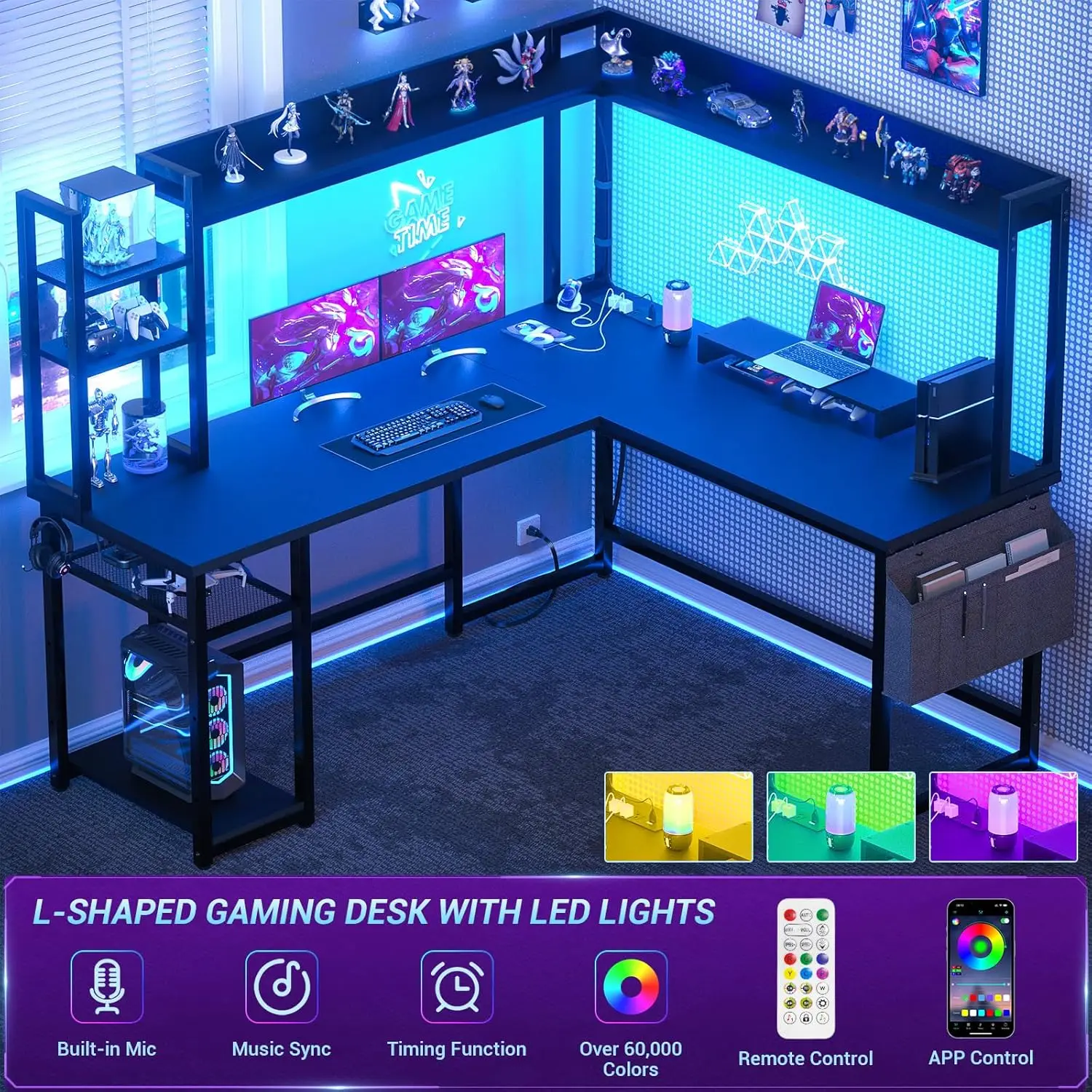 Aheaplus L Shaped Desk with Power Outlet, L Shaped Gaming Desk with Led Light & Hutch, Reversible Home Office Desk, Corner