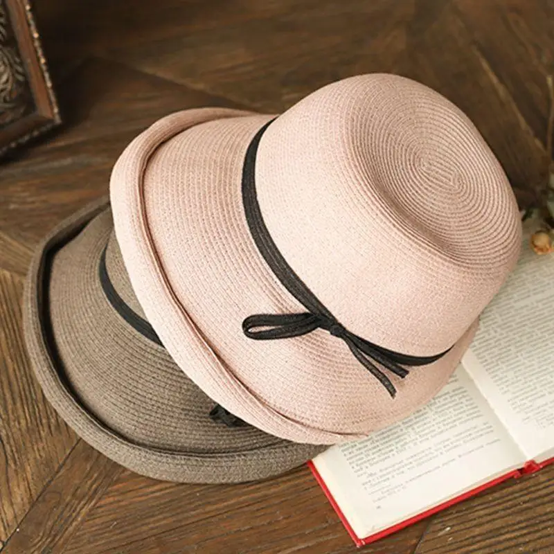 L5YA النساء هيبورن خمر المنسوجة لقبعة الشمس أنيقة التباين اللون Bowknot قصيرة نشمر حافة طوي الصيف غطاء دلو