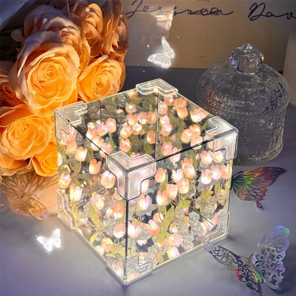 DIY Tulip Mirror Cube Lamp Simulation Flower Bedroom Sleeping Table Lamp Handmade Craft Tulips Mirror Night Light Birthday Gift