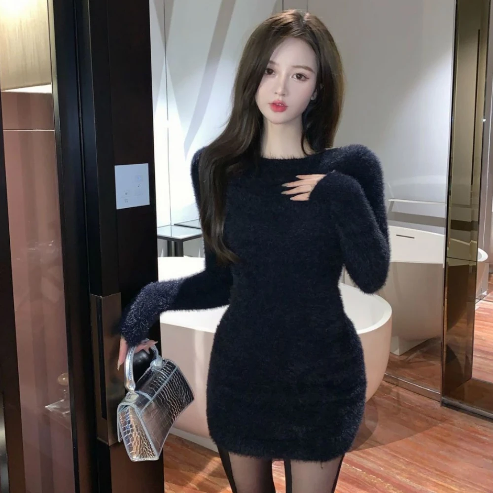 Backless Mini Dresses Women Sheath Sexy Ladies Temperament Ins Long Sleeve Winter Korean Fashion Chic Streetwear Comfort Vintage