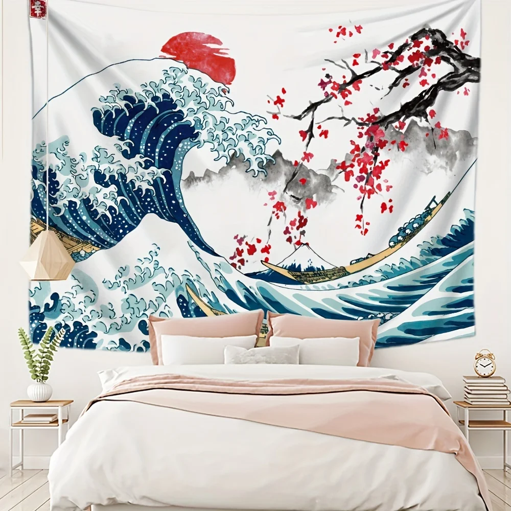 Ukiyo-e Tapestry Kanagawa Giant Wave Cherry Blossom Red Sun Mountain Fuji Wall Hanging Oriental Art Tapestry Home Decoration