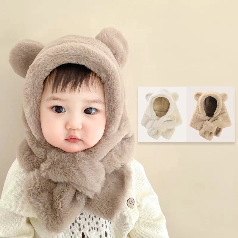 

Korean Cute Bear Winter Plush Children Scarf Hat Baby Ear Protection Cap Kids Boys Girls Ski Windproof Beanies Neck Snood