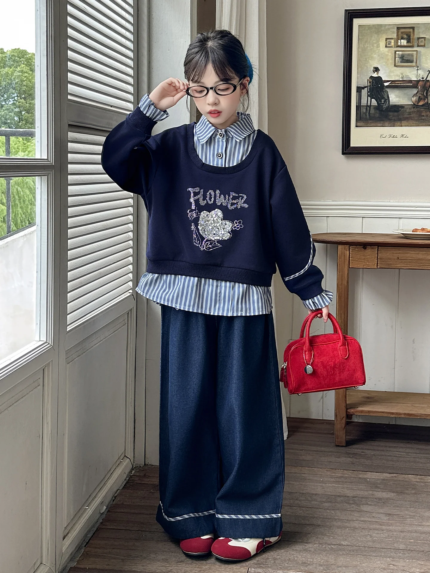 

Faionable Girls' Autumn Outfit Fake Two-Piece Sweatirt Set New 2025 Children's Clothing Spring Autumn Denim Wide Leg Pant...