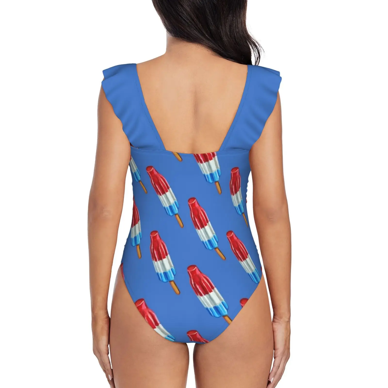 Fun Rocket Pop Popsicle Pattern Women Ruffle One Piece Swimsuit Sexy Bodysuit Monokini Swimwear Bathing Suit Rocket Pop Bomb