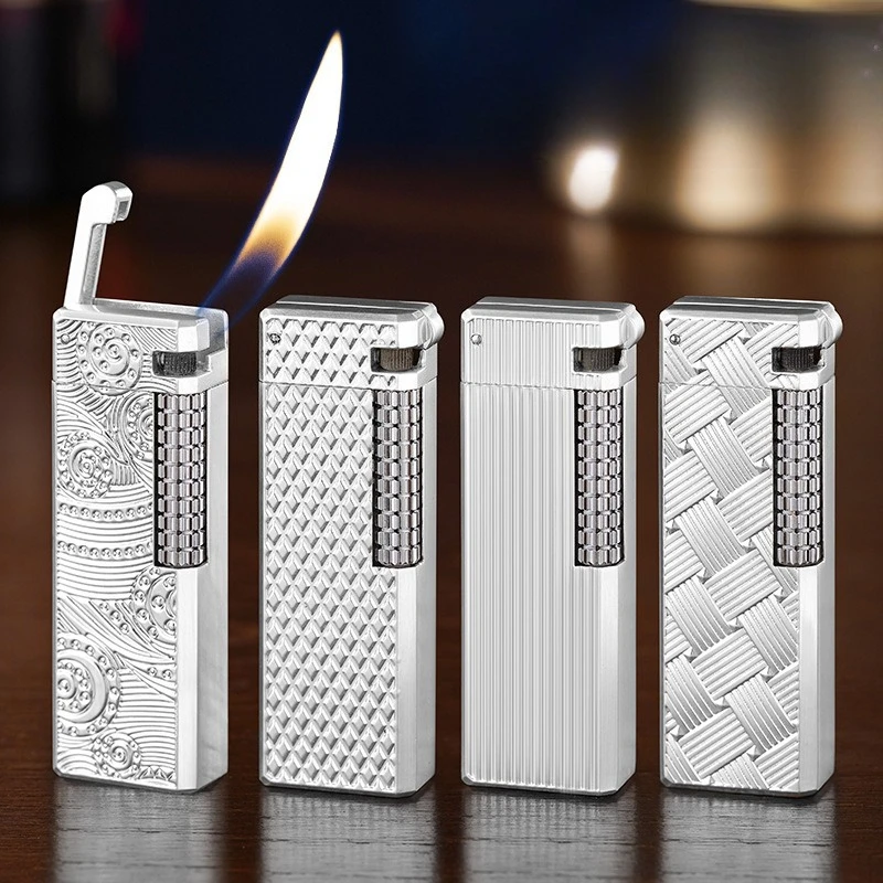 Retro Mechanical Wheel Inclined Fire Lighter Metal Body Silver-plated Carved Men's Special Gift Open Flame Lighter