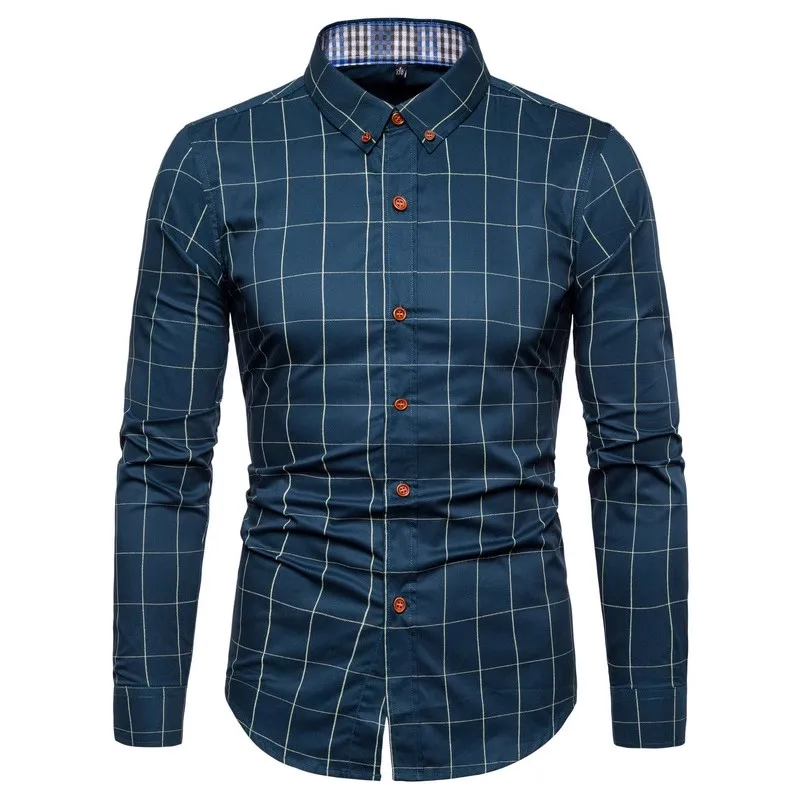 Men Shirt Plaid Print Long Sleeve Autumn Shirt Button Single-breasted Formal Top Mid Length Dress-up Men Business Shirt