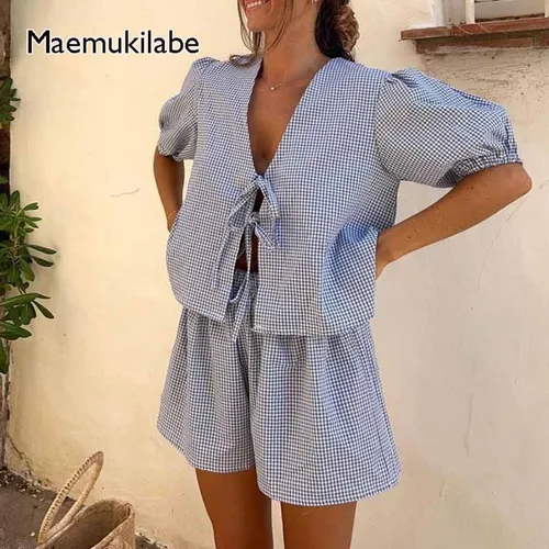 Maemukilabe Y2K Conjunto a cuadros vintage Blusa holgada con cuello en V y manga abombada con lazo frontal Top + Pantalones cortos Conjunto de 2 piezas para mujer