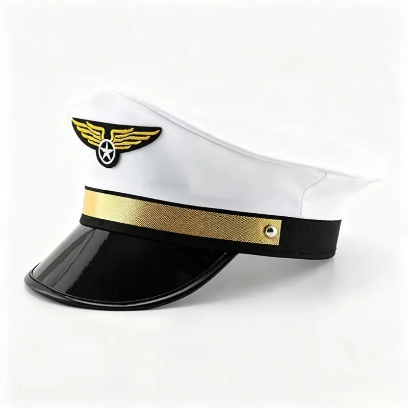Captain Sailor Pilot Hat Set, Gold Emblem Uniform Hat, Halloween Cosplay Party Costume Accessory for Adults