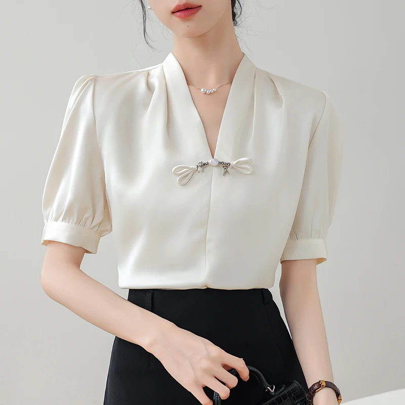 

Summer Chinese Style Satin Women's Blouse 2025 New Solid Short Puff Sleeve V-neck Korean Casual Loose Office Lady Shirts Female