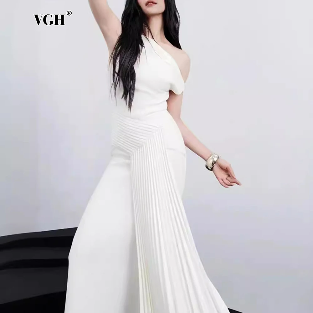 

VGH Solid Slimming Temperament Dress For Women Diagonal Collar Sleeveless High Waist Elegant Formal Dresses Female Fashion New