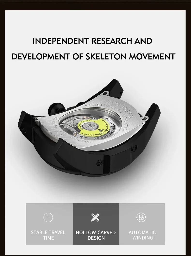 Reef Tiger Orologio automatico da uomo 47mm Cassa tonneau Sport Orologio da polso meccanico Scheletro luminoso Multi quadrante Mese Settimana Data