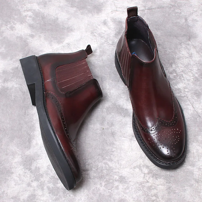 

Vintage Genuine Leather Ankle Boots Man Slip On Black Burgundy Round Toe Men Dress Shoes Boots Formal Brand Chelsea Boots Men