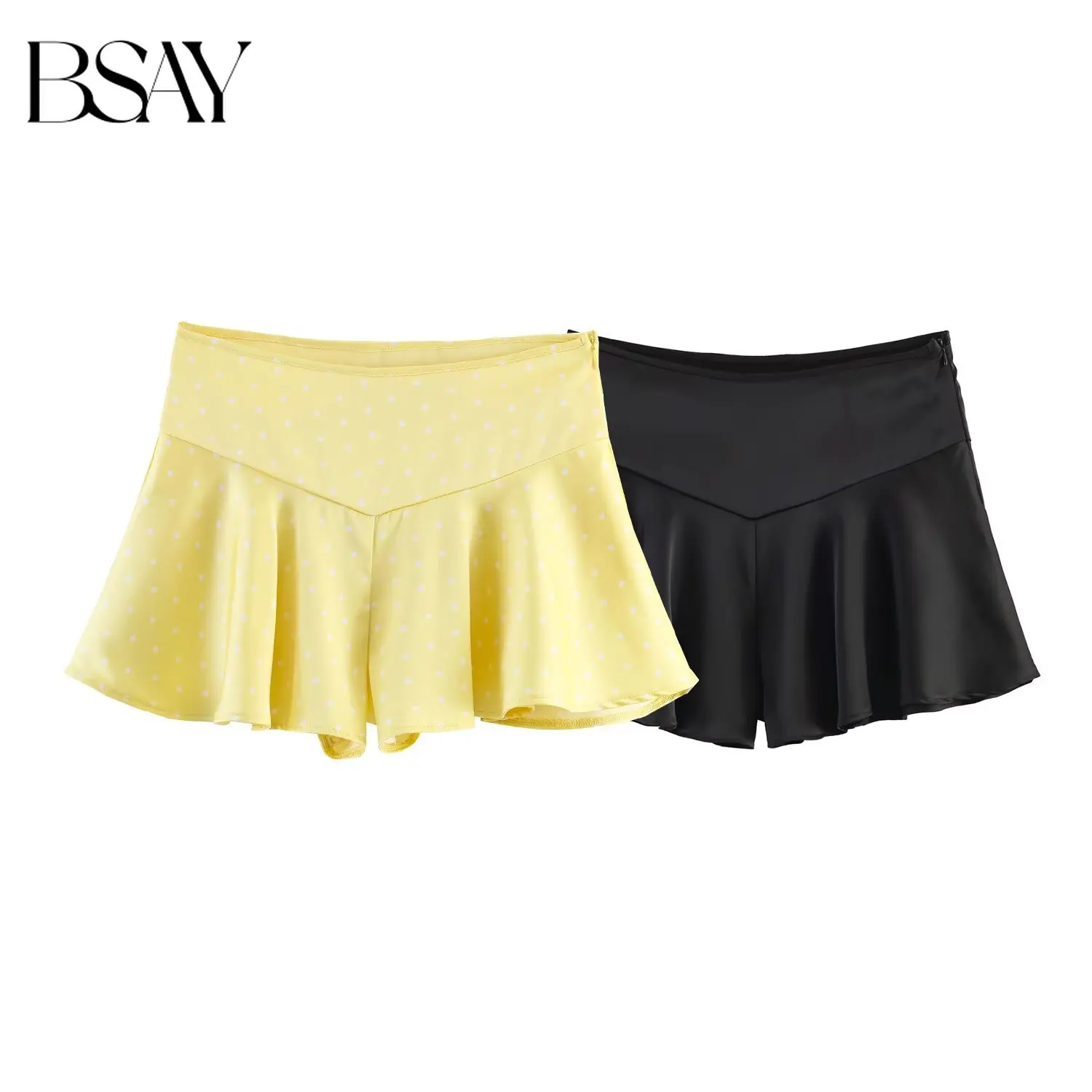 BSAY Damen-Sommer-Strandshorts mit hoher Taille und Rüschensaum, schwarz, seitlicher Reißverschluss, lässig, Urlaub, schick, A-Linie, halbe Hose