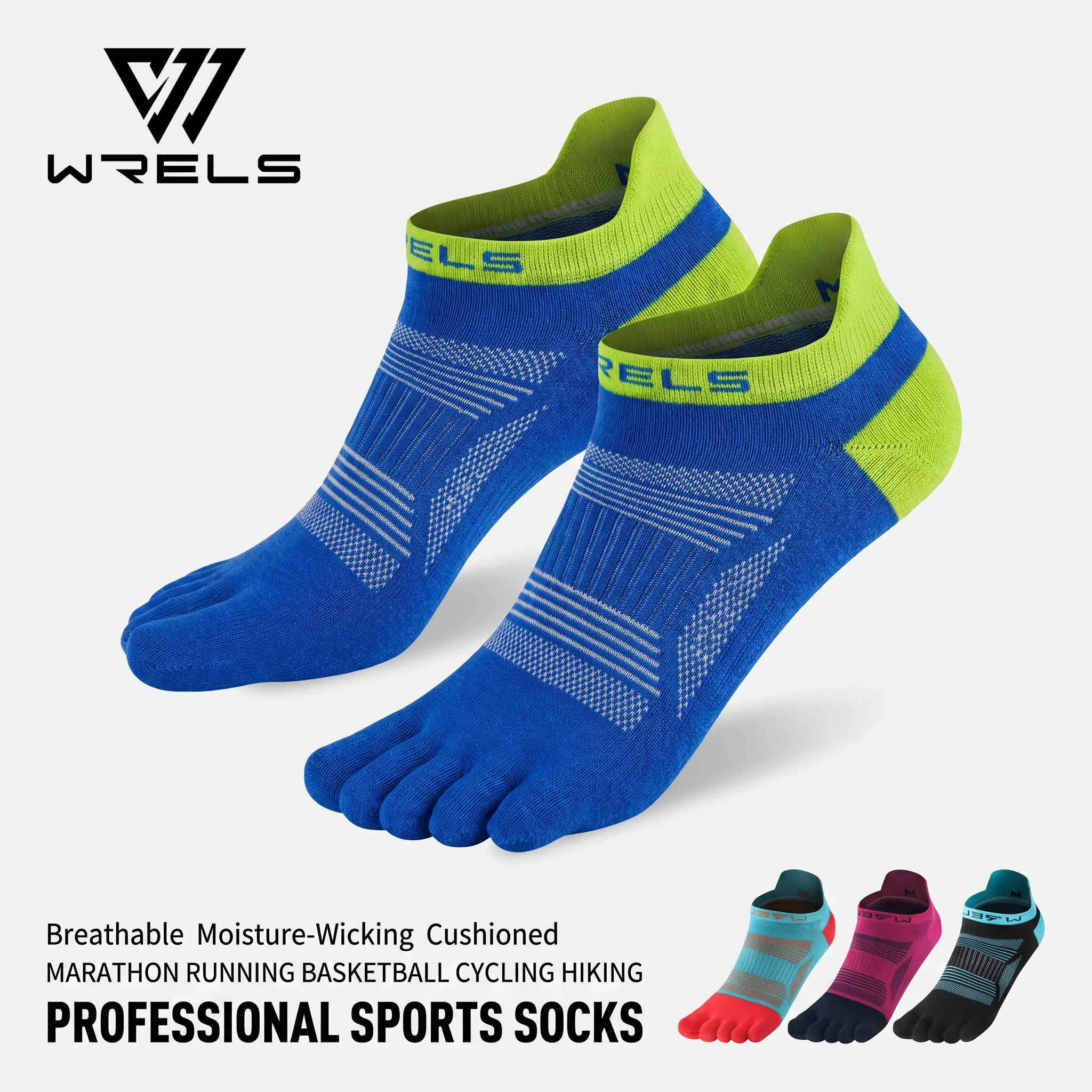 WRELS 1/2/3 Paar Sportsocken mit 5 Zehen, Anti-Blasen, unsichtbare Socken, Fußgewölbeunterstützung, feuchtigkeitsableitend, Lauf-, Rad- und Wandersocken