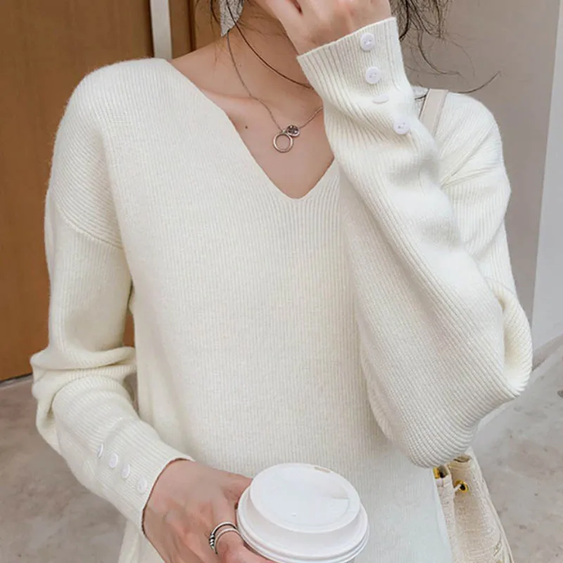 2023 Autumn/Winter Sweater Women's V-neck Loose Knitted Pullover Korean Fashion Top Women clothing