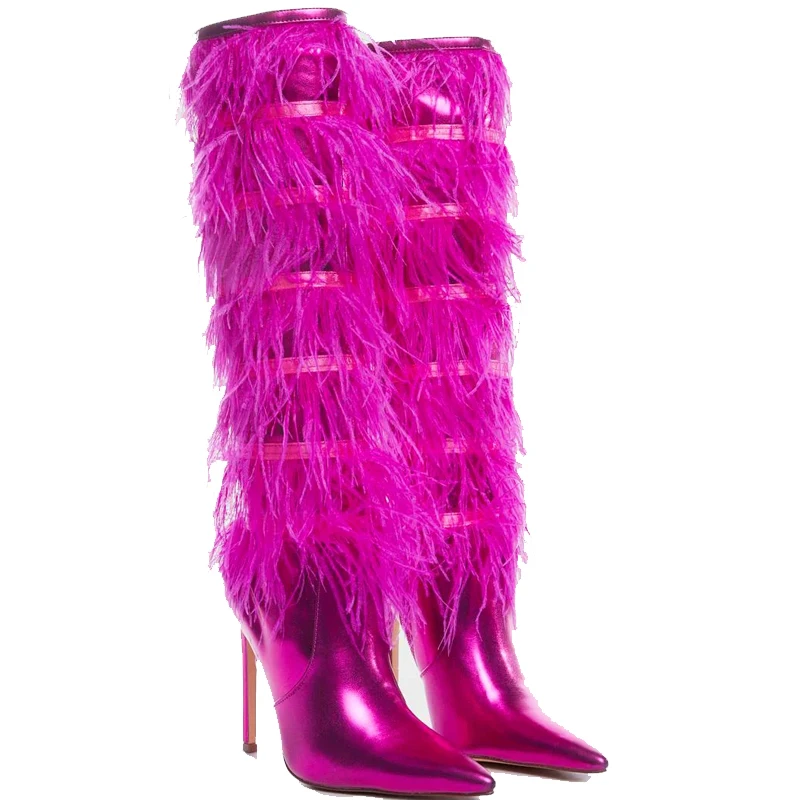 Rose Red Feather Fringe Women Boots 2023 Sexy Pointed Toe Full Fur Thigh High Boots Thin Heels Runway Over The Knee Botas 44