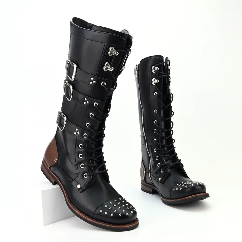Mens Boots Retro Rivets Motorcycle Boots for Men Designer Belt Buckle Leather Knight Boot Comfortable Western Boots Botas Hombre view 2