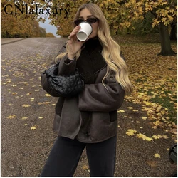 CNlalaxury Winter Women Lamb Wool Thick Jacket Vintage Faux Leather Outwear Single Breasted Pockets Streetwear Warm Jackets