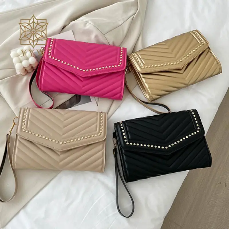 

Casual PU Leather Envelope Clutch Handbag Stripes Beading Soft Wristlets Messenger Purse Portable Women Daily Small Bag Wallet