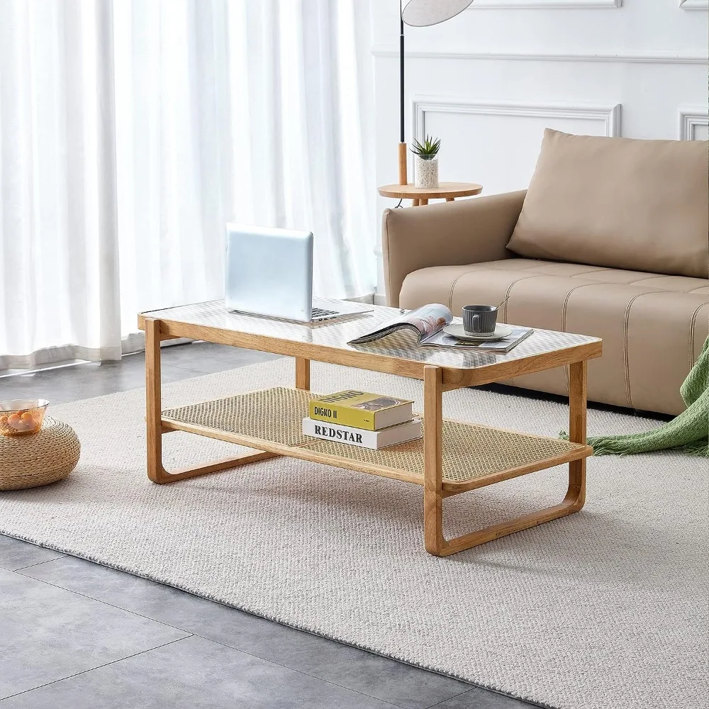 Glass Top Coffee Table With Imitation Rattan Storage Shelf Rectangle Coffee Table for Living Room Furniture Tables Luxury Design