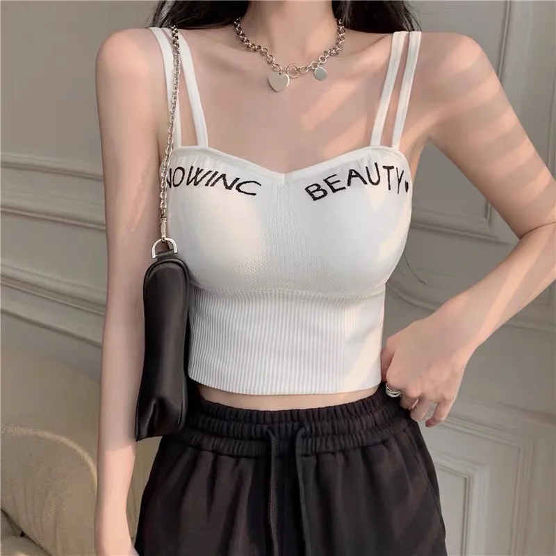 Beau Back Underwear Sling Vest Women's Summer Inner Wear Outer Wear Bra All-in-One Bottoming Internet Hot With Chest Pad Top