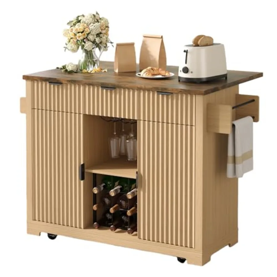 

Передвижной кухонный остров с откидной столешницей, 50-дюймовый винный шкаф с местом для хранения, буфет на колесиках с винной полкой для кухни