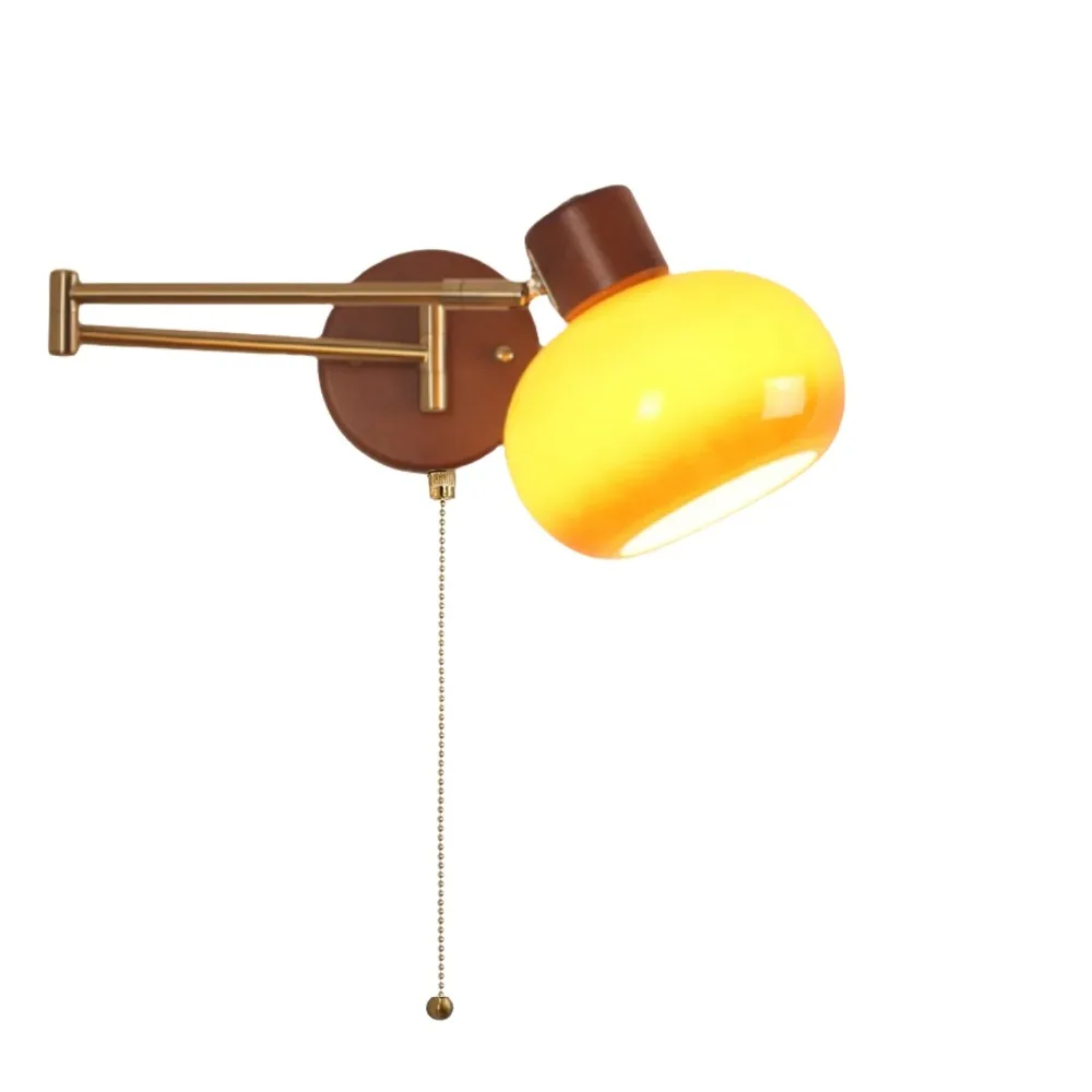 Pull Chain Switch LED Wall Lights Up Down Left Right Rotate Study Bar Hotel Nordic Modern Glass Swimg Arm Wood Bedside Lamp