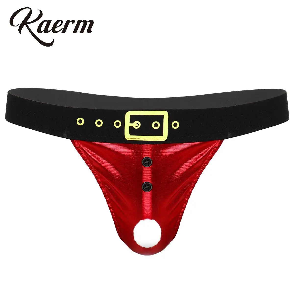 

Men Christmas Costume Novelty Shiny Low Rise Open Crotch Thong Underwear Metallic Black Belt Front Hollow Santa Lingerie