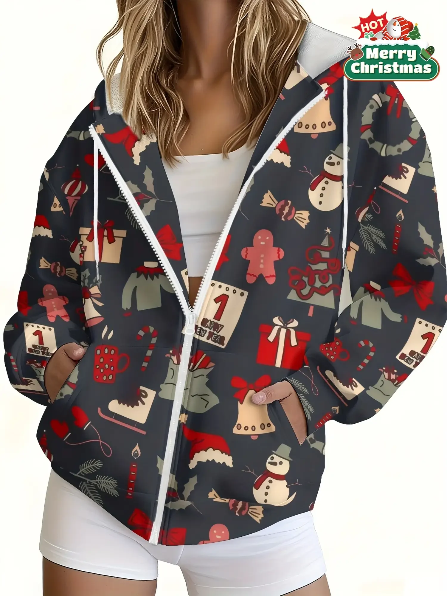 

Christmas Women's New Hoodie Zipper Jacket, Fashionable, Women's plus size loose white hooded full zip sports jacket