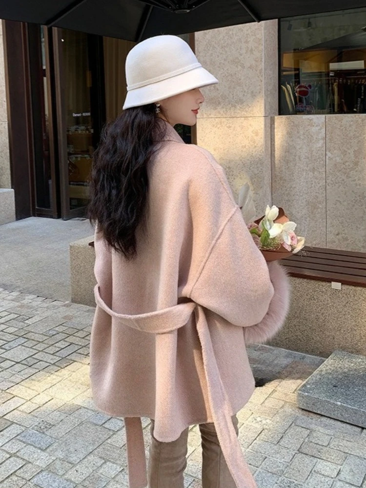 Femme réel fourrure de renard laine mélanges veste nouveau automne hiver vêtements femmes mode épais chaud cachemire solide fourrure laine manteau