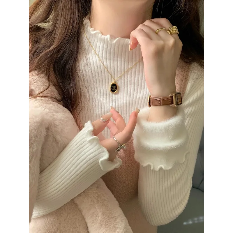 

Soft Thickened Knitted Sweater Women's Autumn Winter Half High Collar One-Piece Fleece Warm Base Shirt Inner Wear Fleece Top