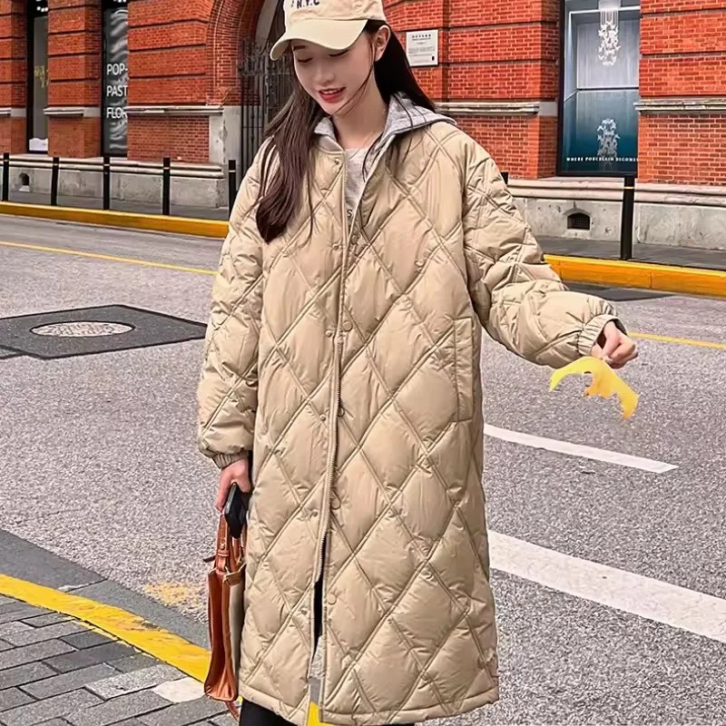 

Autumn Winter Women Frivolous Rhombus Cotton Padded Jacket New Solid Removable Hat Mid Long Cotton Clothing Female Loose Coat
