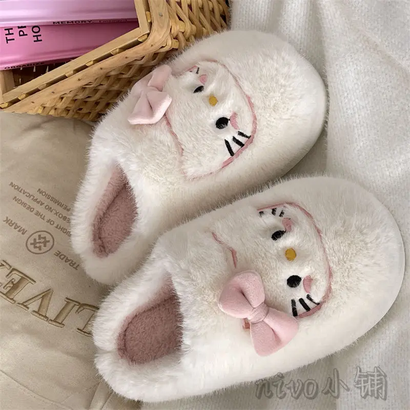 Sanrio Hello Kitty Cartoon Plush Slippers 2023 Winter New Indoor Cotton Slippers Warm Thick Bottom Cute Home Shoes Female