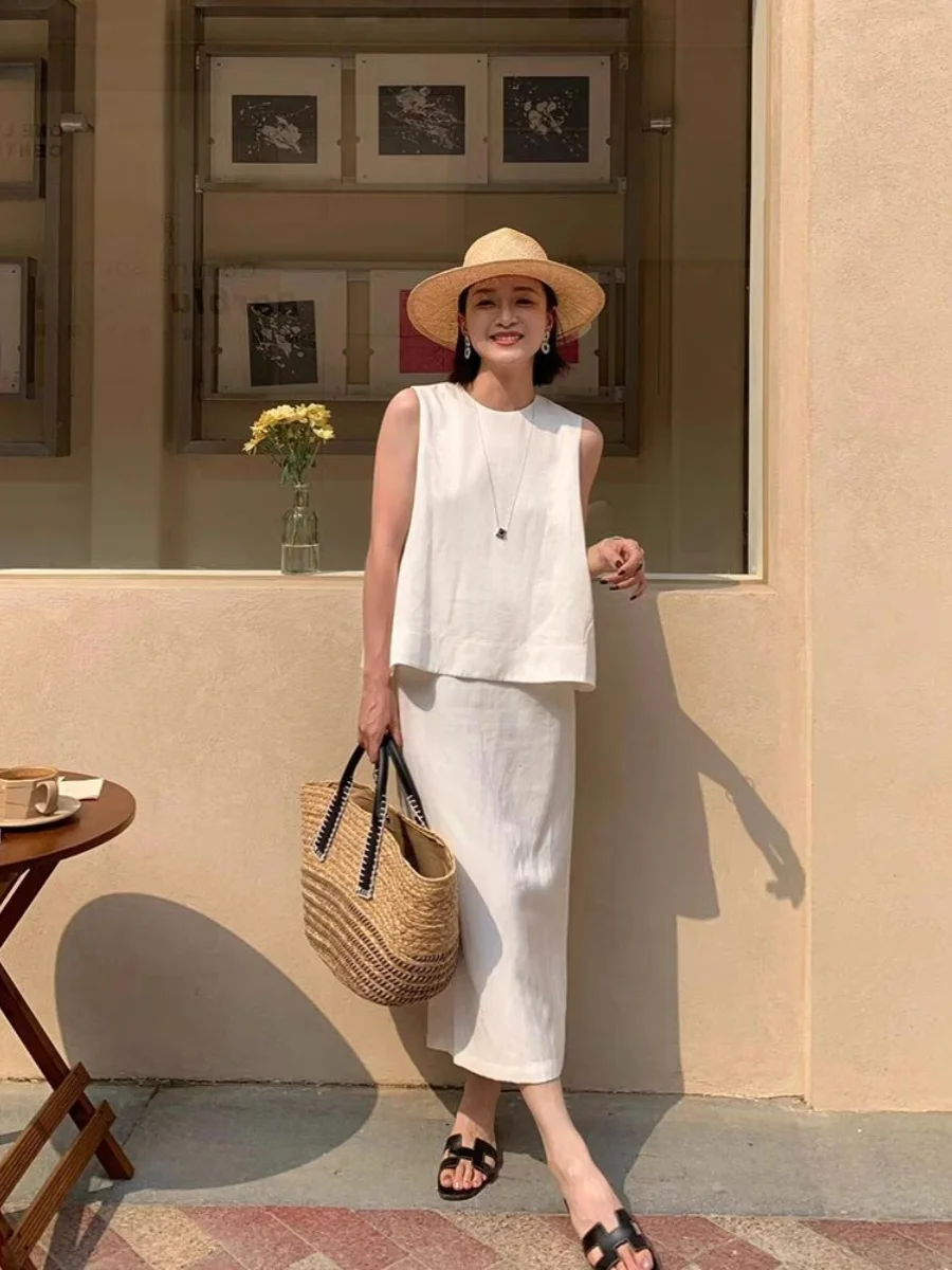 

Ele Cotton Linen Vest Set Women's Summer High-End Svel Top f Skirt Two-Piece Suit round Ne Overhead Faion