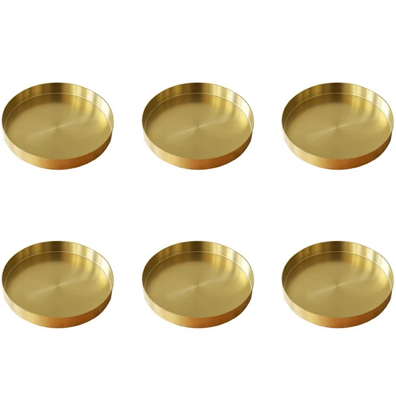 

6X Round Gold Tray,Metal Decorative Tray Makeup Tray Organizer For Vanity,Bathroom,Dress,Matte Brass Finish, 4.9 Inch