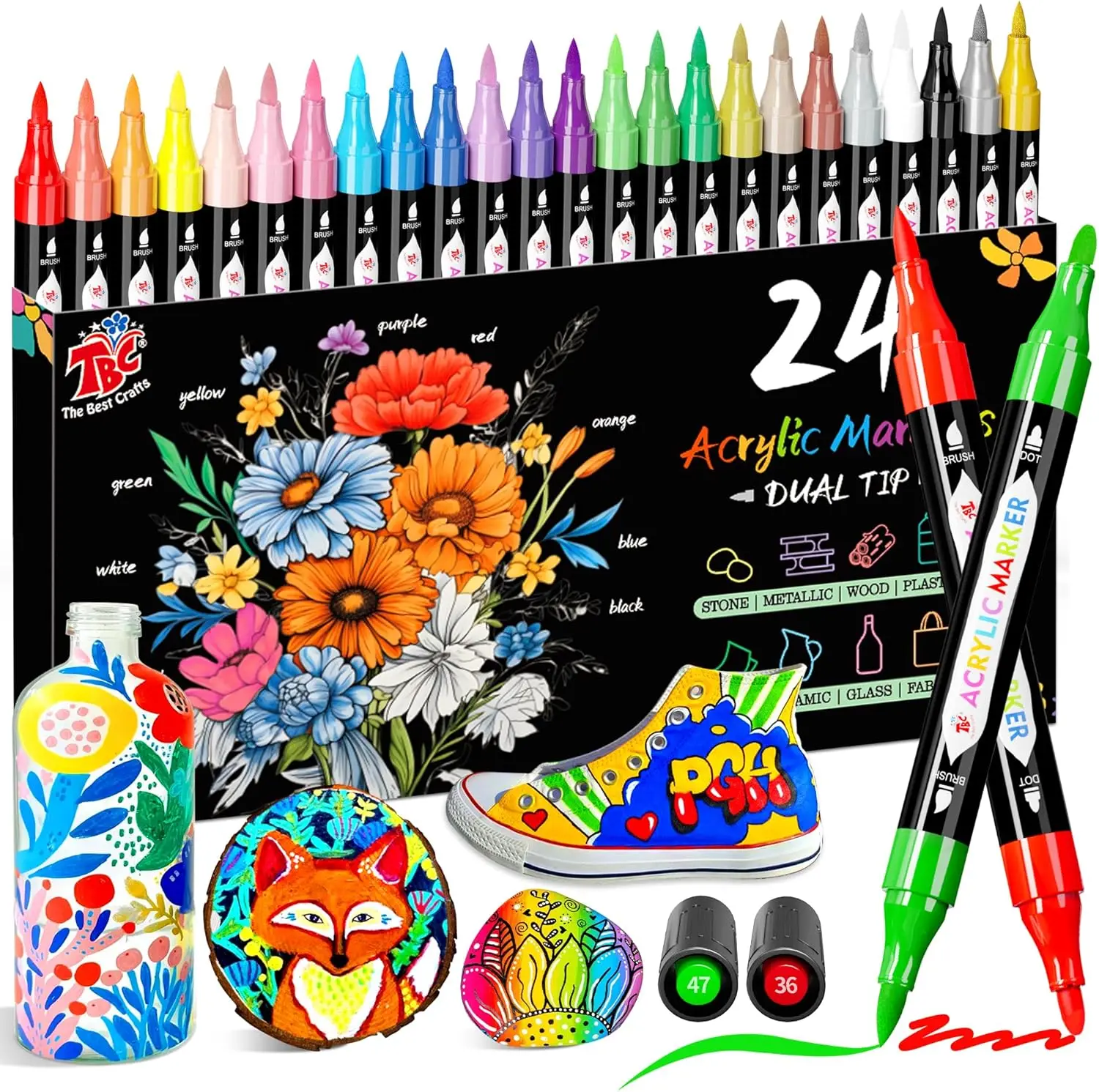 

Acrylic Paint Markers 24 Colors Dual Tip for Rock Painting, Wood, Glass, Ceramic, Fabric, Fast Drying Art Pens