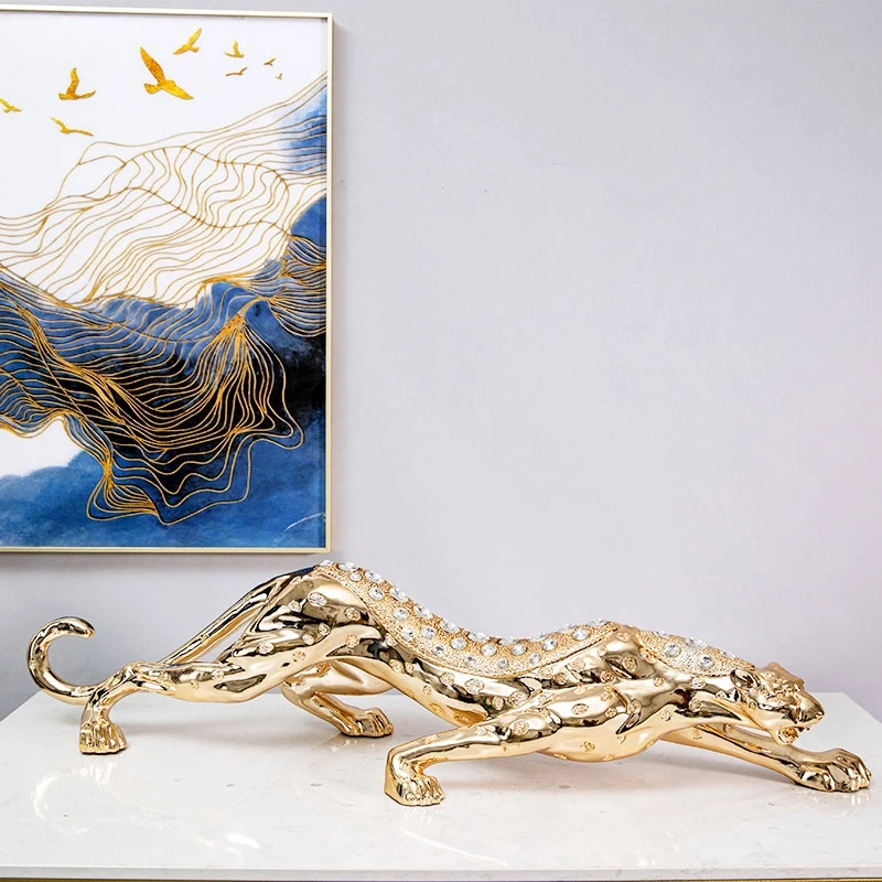 Animal Leopard Statue Ornaments, Golden Leopard Sculpture, Luxury Artworks Desktop Decoration, Creative Crafts Decor, Customize view 2
