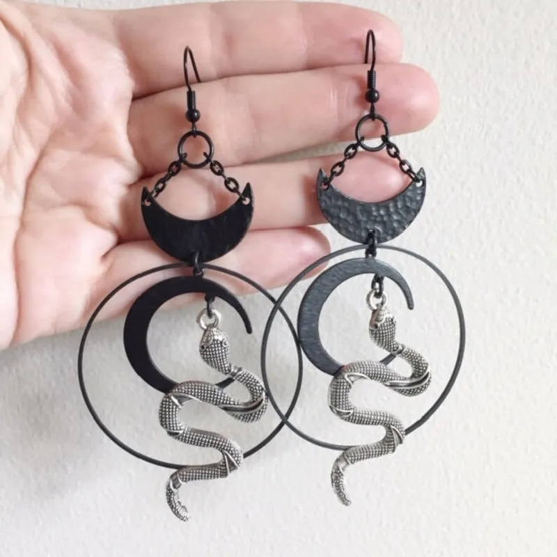 New Harvest Ritual Moon Snake Earrings Jewelry Wicca Big Snake Handmade Weird Darkness Women Gift Goth Statement Hallowee Grunge