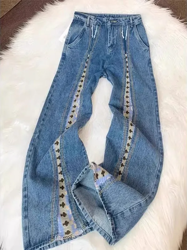 

plus Size 300 Pounds Denim Pants Patchwork Loose Straight Leg Bell Bottoms Retro High Waist Long Trousers for Men And Women