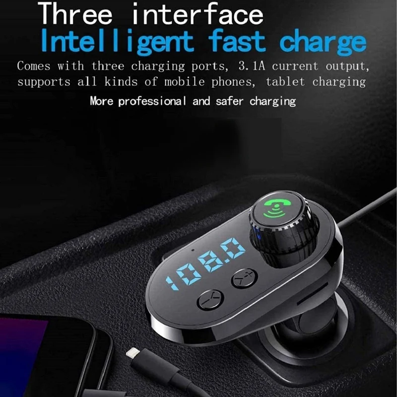 Radio FM Transmitter Bluetooth 5.0,Multifunctional Handsfree Car Kit Adapter With Android Cellphone Charger Cable(Black)