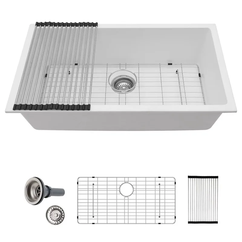 

33*19 Inch White Quartz Marble Kitchen Sinks Modern Design White Undermount Kitchen Basin Single Bowl