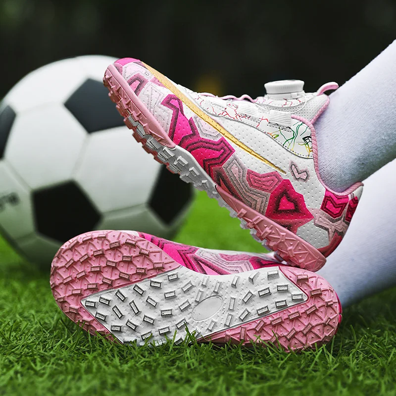 Zapatos de fútbol para niños, superficie de cuero juvenil, hebilla giratoria, clavo roto, fondo plano, entrenamiento de estudiantes para niños